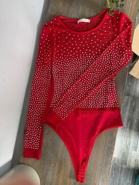 Red Rhinestone Long Sleeve Bodysuit